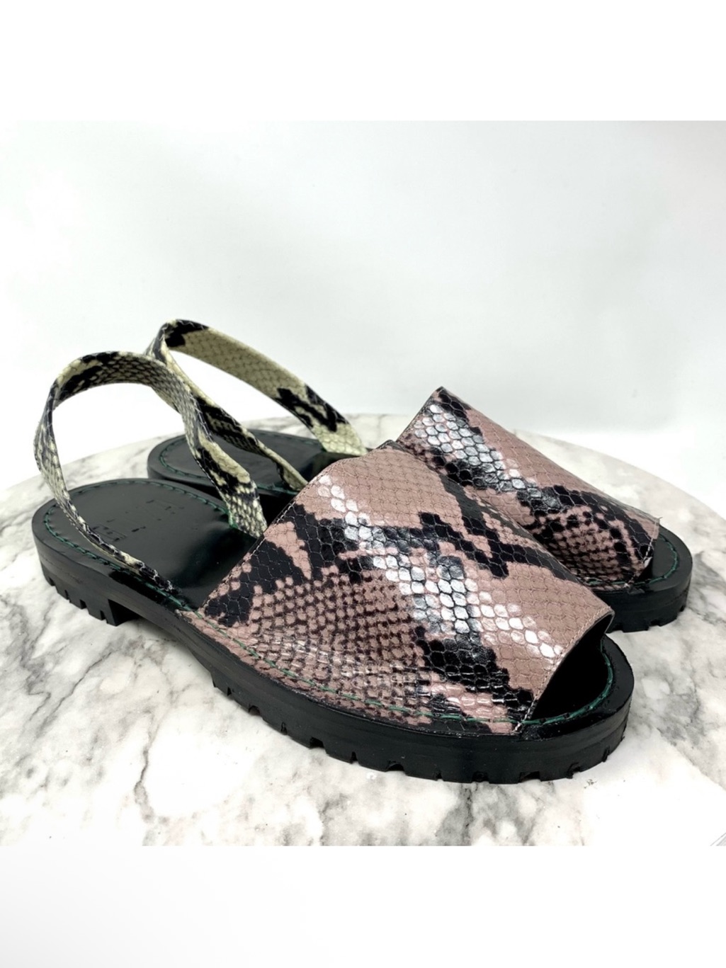 Goya Bi-Color Snakeskin Lug Sole Sandals 9/39 Minimalist Avant Garde Edgy Boho